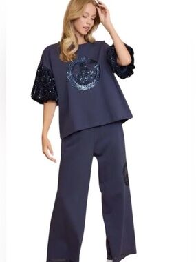 New Umgee Size Small Navy Peace Sign Sequin Wide Leg Lounge Pants Size